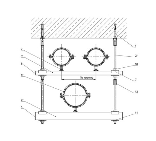 Крепления нескольких трубопроводов к перекрытию в Орше